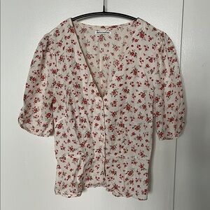 Reformation Red Floral Button-Up Peplum Blouse